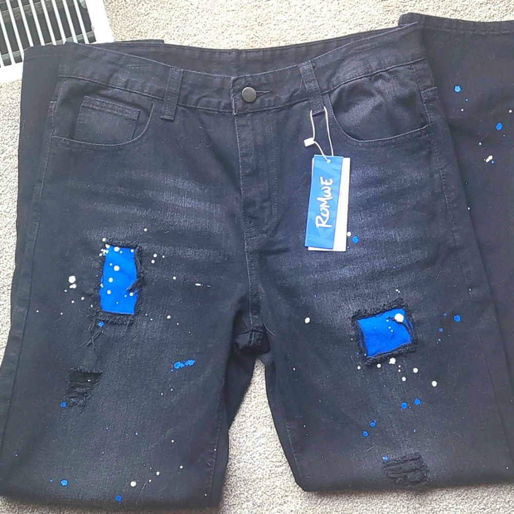 Black denim with blue and white paint splatters